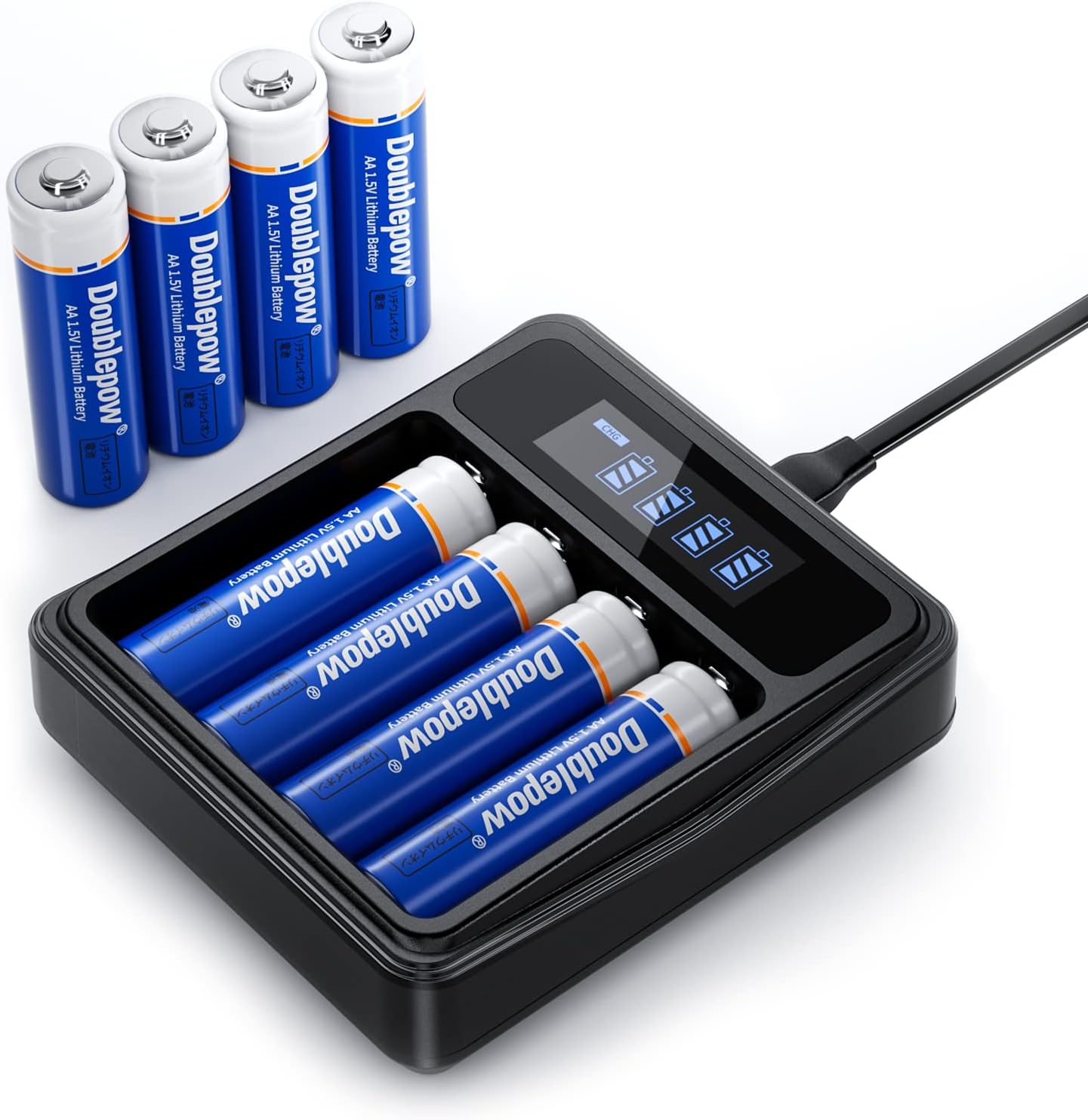 4-Bay LCD Battery Charger (USB-C) with Rechargeable Lithium Batteries, AA Batteries (8ct)