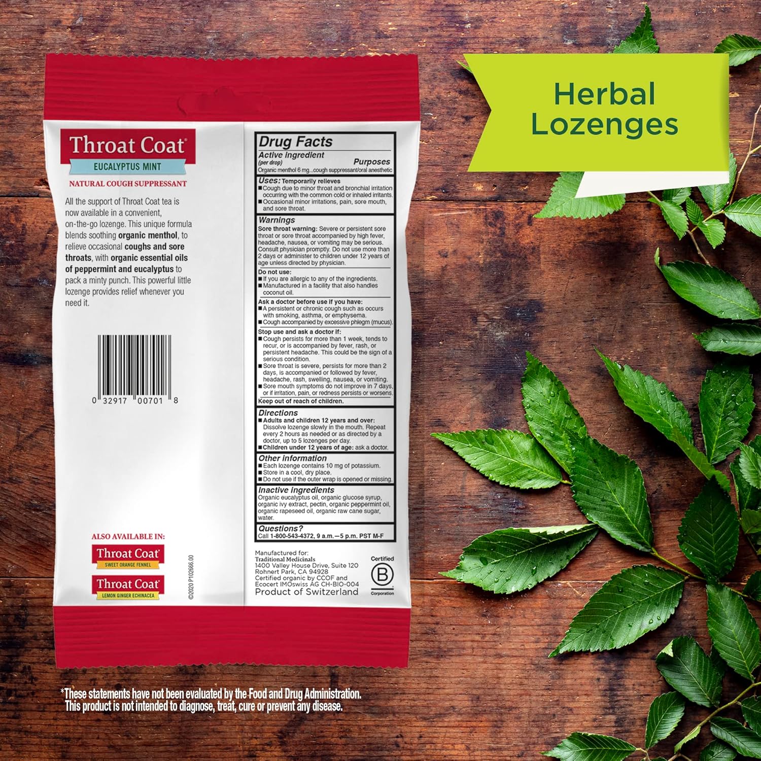 Traditional Medicinals Throat Coat Lozenges - Eucalyptus Mint, 16ct