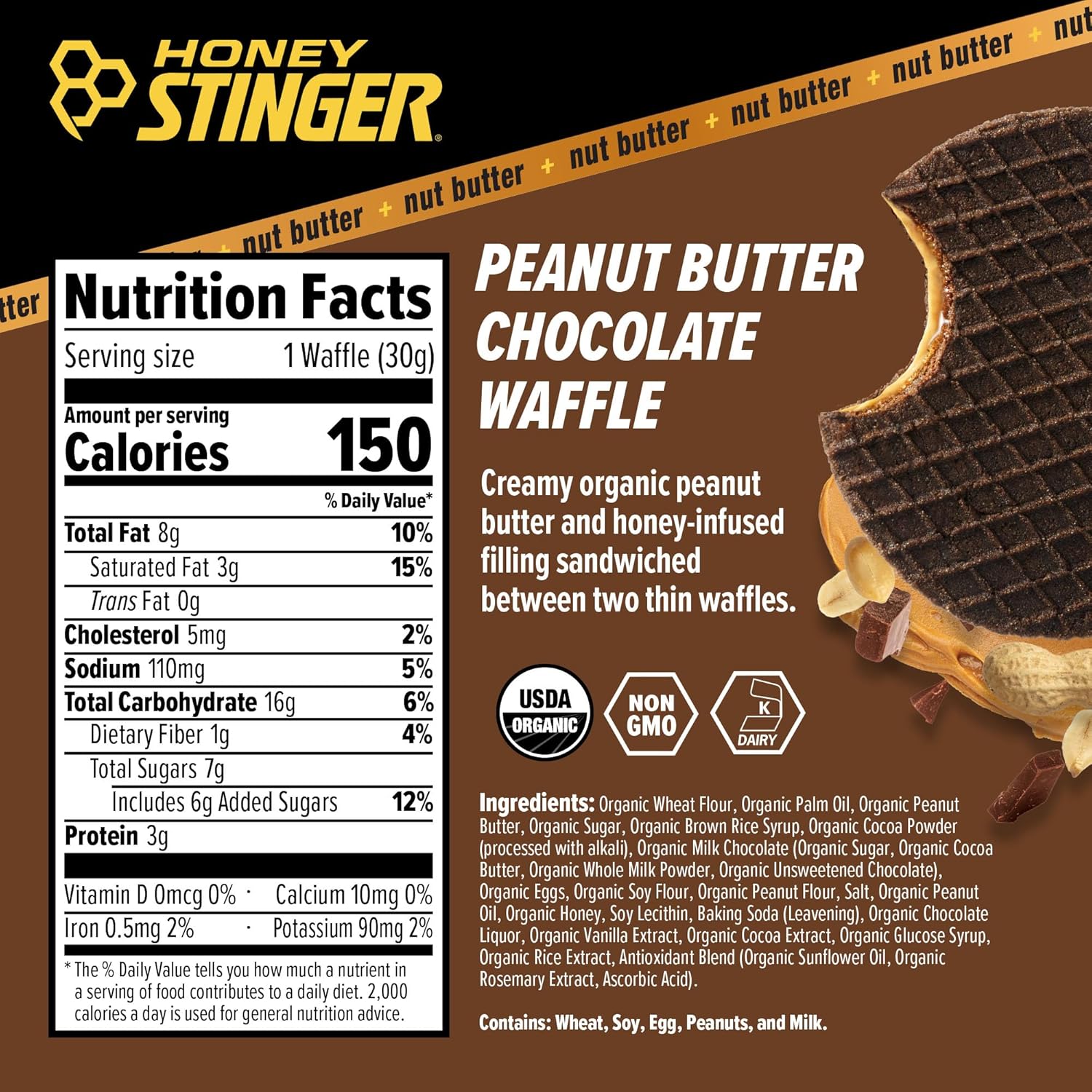 Honey Stinger Organic Energy Waffles, Peanut Butter Chocolate, 1.06oz - 16ct