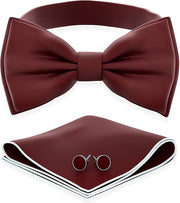 Adam Young Men's Self Tie Bow Tie w/Pocket Square & Cufflinks - Maroon Red Satin
