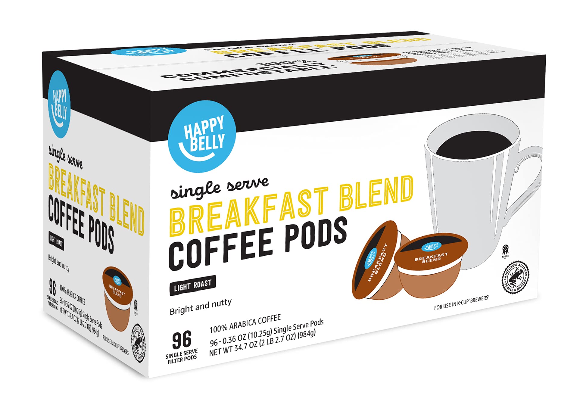 Happy Belly Breakfast Blend Compostable Keurig K-Cup Coffee Pods, 96ct.