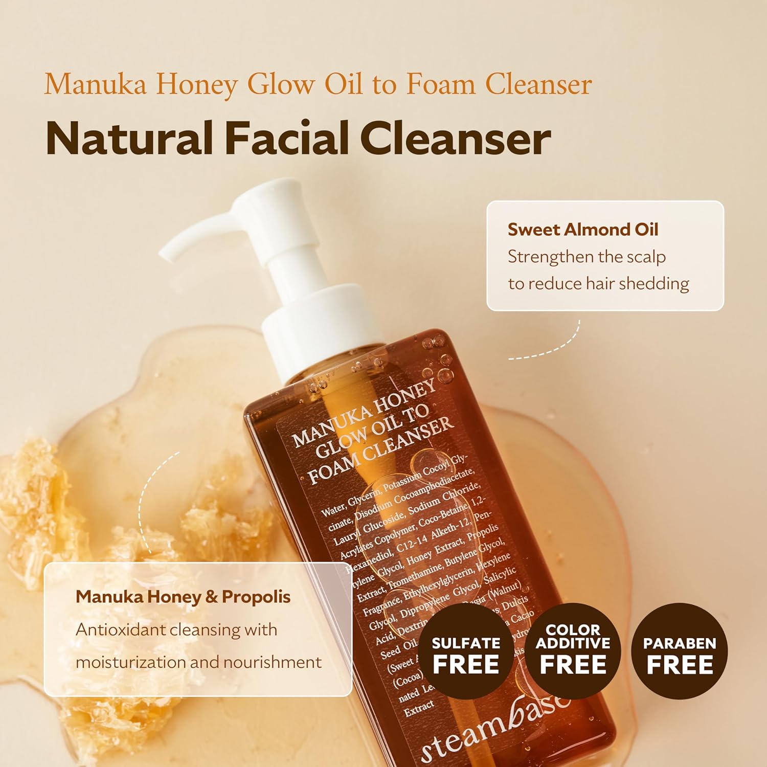Steambase Manuka Honey Glow Oil to Foam Daily Facial Cleanser for Sensitive Skin - 7.27 fl. oz.