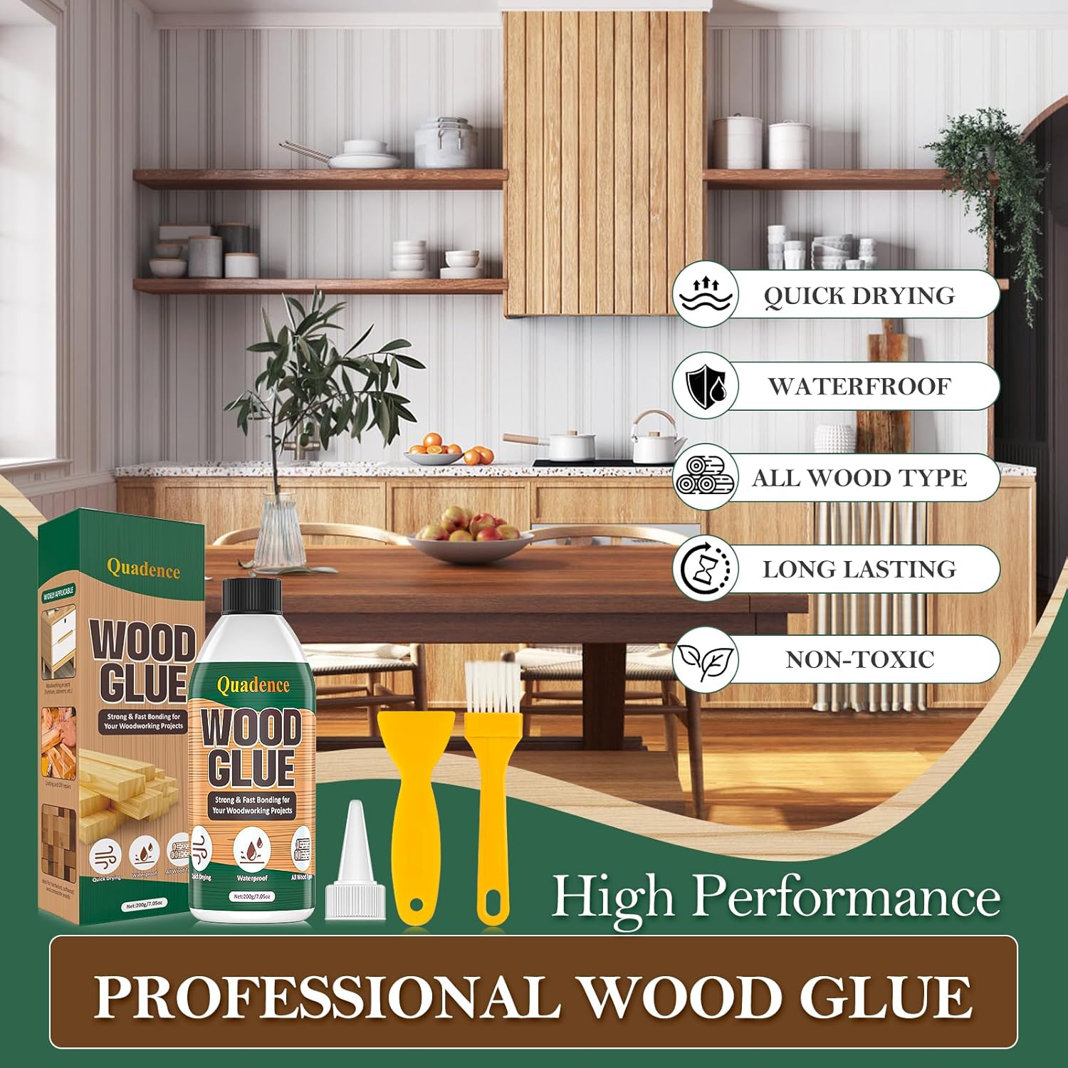 Quadence Wood Glue for Furniture and Woodworking - Heavy Duty, Waterproof, Multi-Surface Adhesive - 7oz