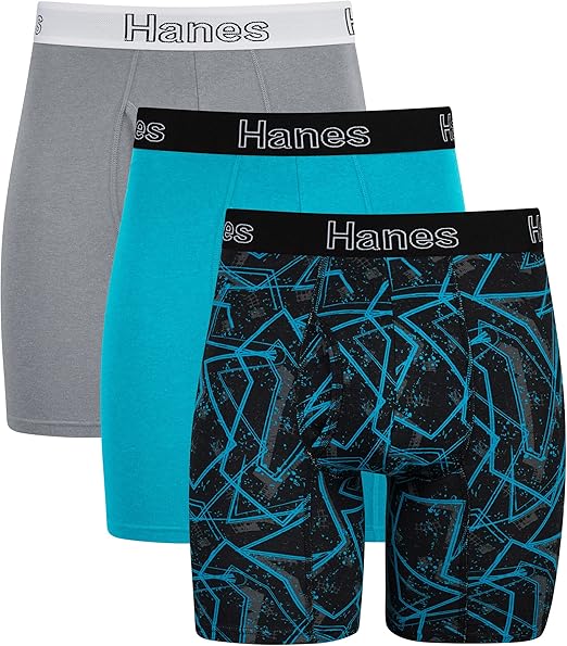 Hanes Men's Boxer Briefs Moisture-Wicking Cotton Blend - Blue/Gray, 3 Pairs