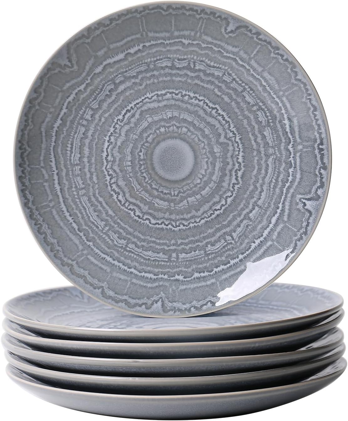 MONITO 6 Piece Ceramic Dinner Plates, 8.5" Reactive Glaze Porcelain, Microwave/Dishwasher Safe - Psychedelic Gray