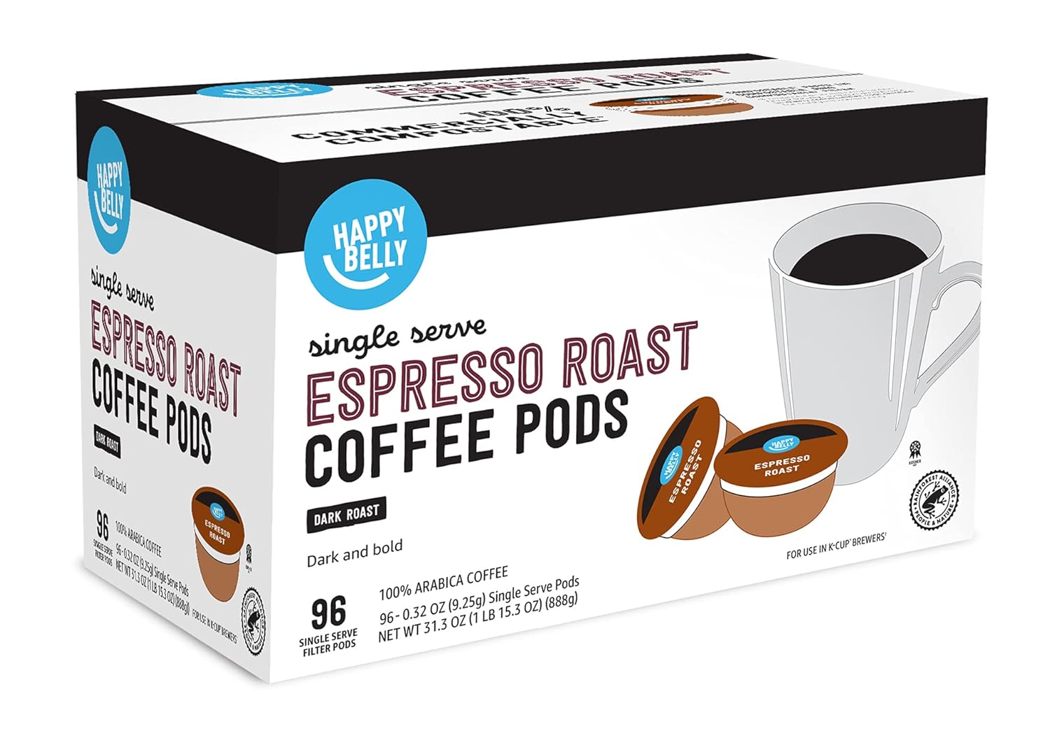 Happy Belly Espresso Roast Compostable Keurig K-Cup Coffee Pods (Dark Roast), 96ct