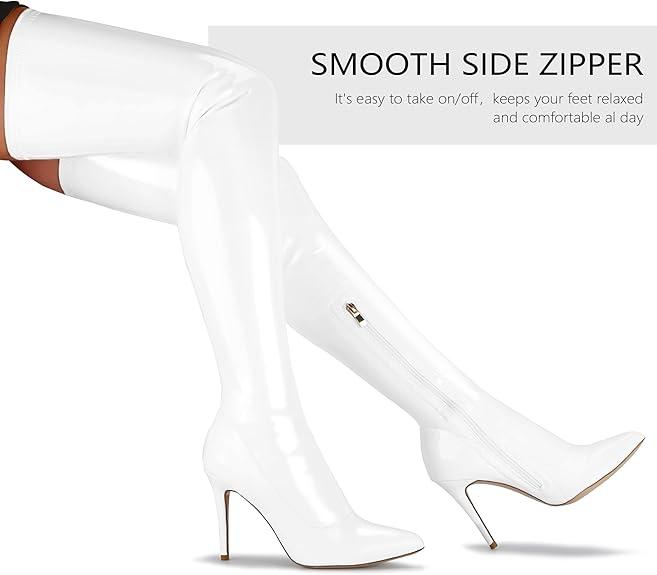 Women's Patent Leather Thigh High Boots - Stiletto Side Zipper - White - Size 10