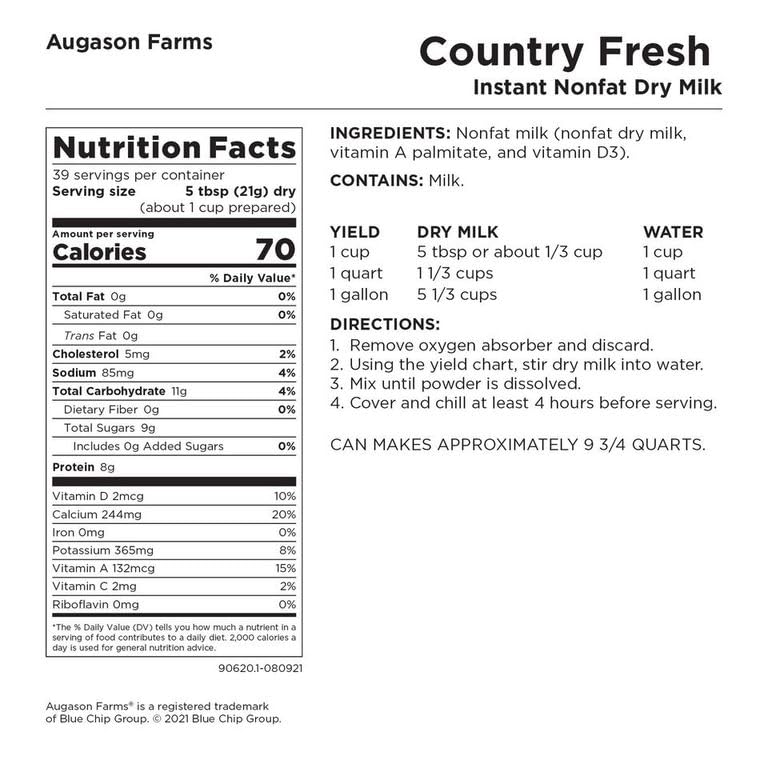 Augason Farms Country Fresh Instant Nonfat Dry Milk Powder, 39 Servings