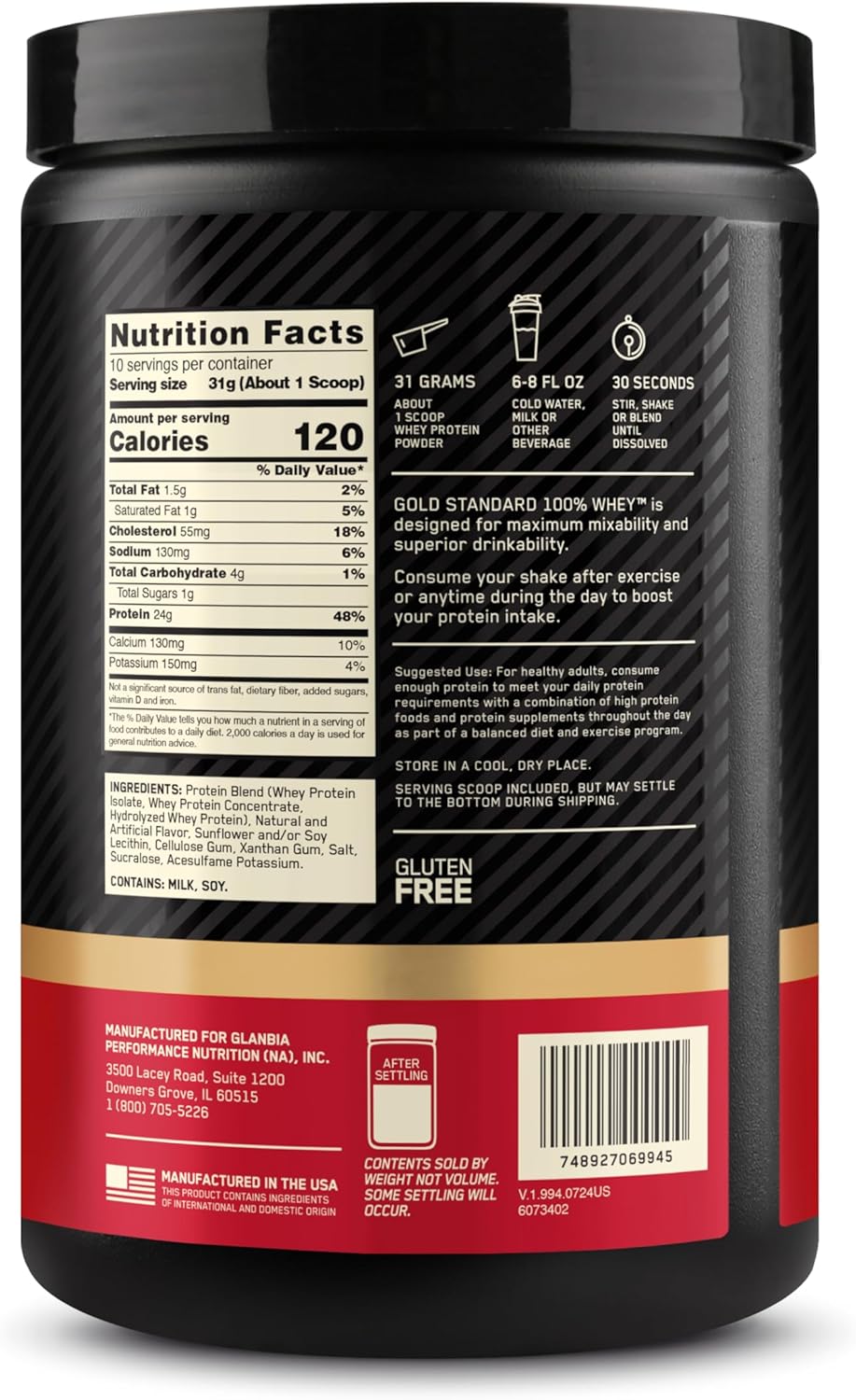 Optimum Nutrition Gold Standard 100% Whey Protein Powder - Vanilla Ice Cream, 10.9oz (10 Servings)