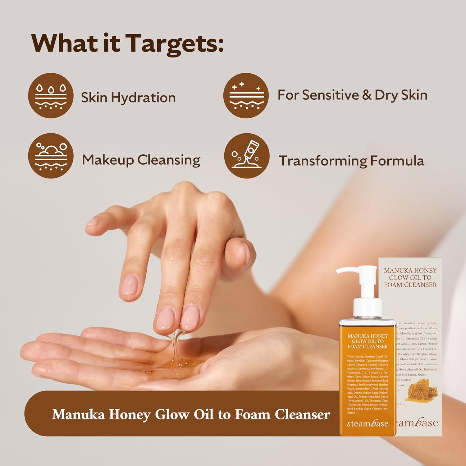 Steambase Manuka Honey Glow Oil to Foam Daily Facial Cleanser for Sensitive Skin - 7.27 fl. oz.