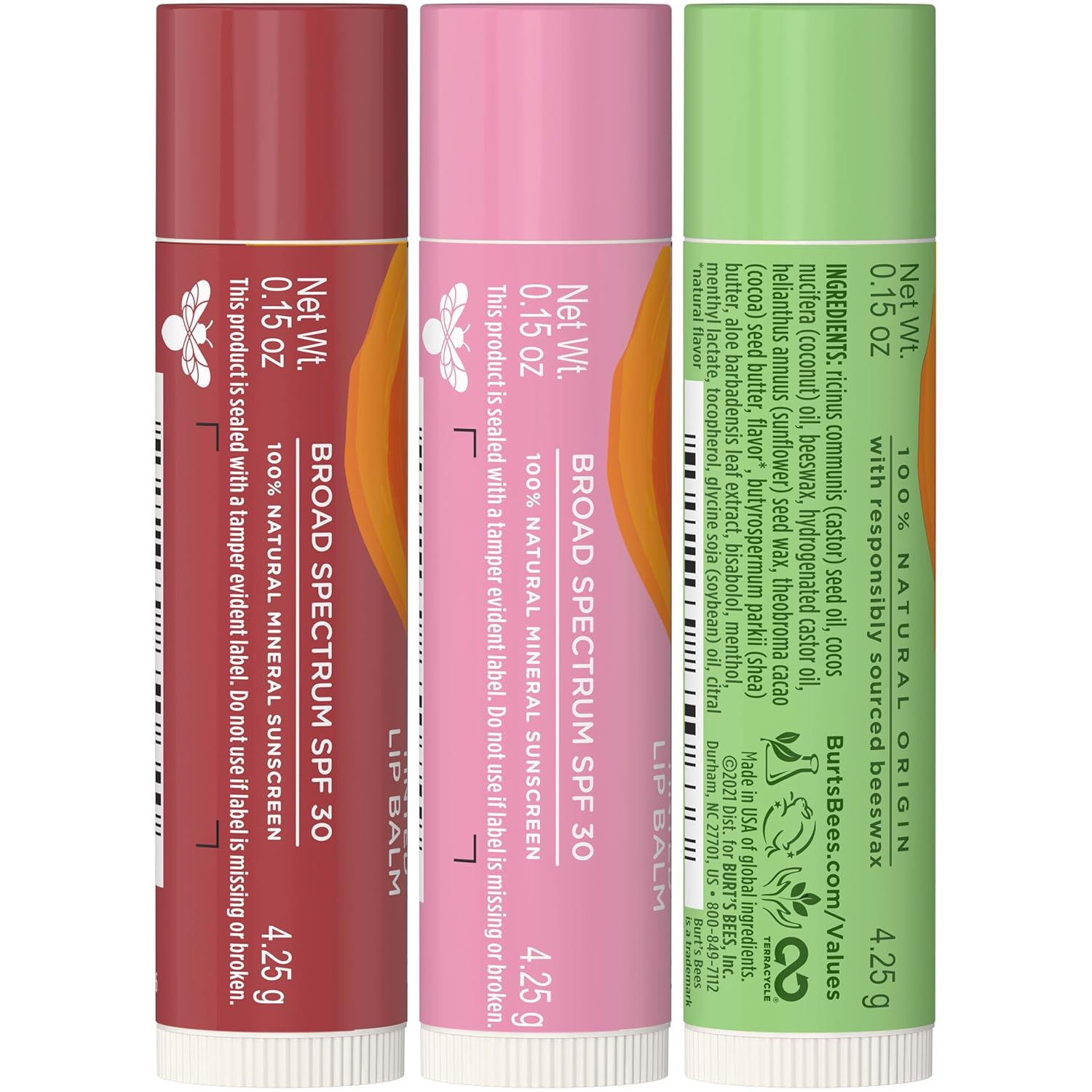 Burt's Bees Sun Care Lip Balm Pack, SPF 30 Tinted Lip Balm, Water-Resistant Moisturizer, Wild Peony, Sienna Rose, 3 Tubes, 0.15 oz.