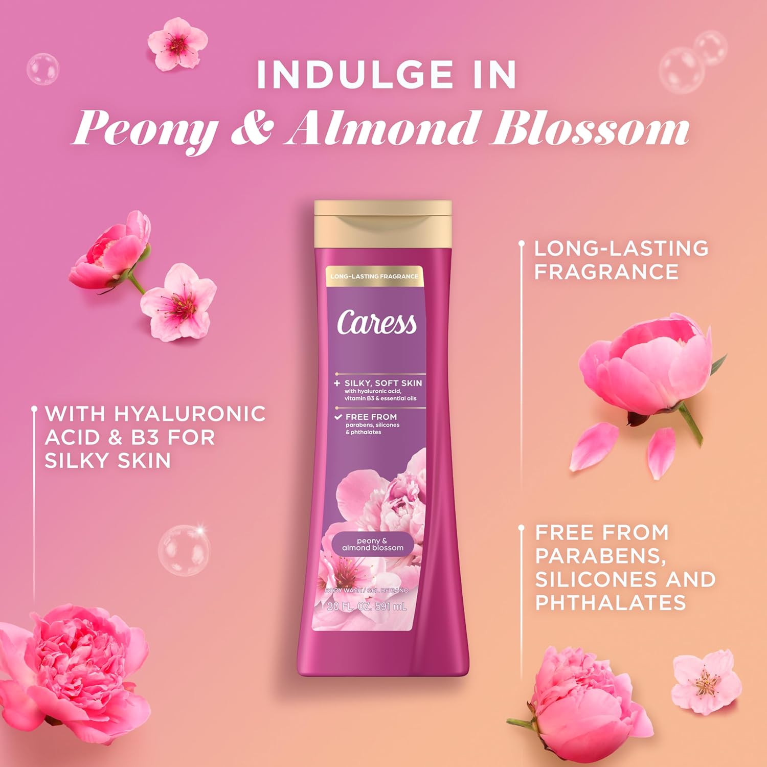 Caress Moisturizing Body Wash For Fresh, Smooth Skin -  Peony & Almond Blossom, 20 fl. oz. (4 Pack)