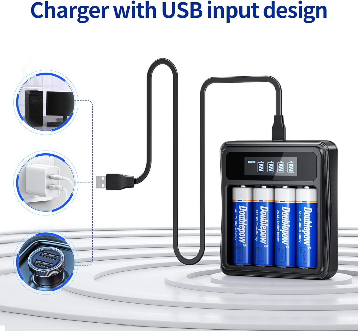 4-Bay LCD Battery Charger (USB-C) with Rechargeable Lithium Batteries, AA Batteries (8ct)