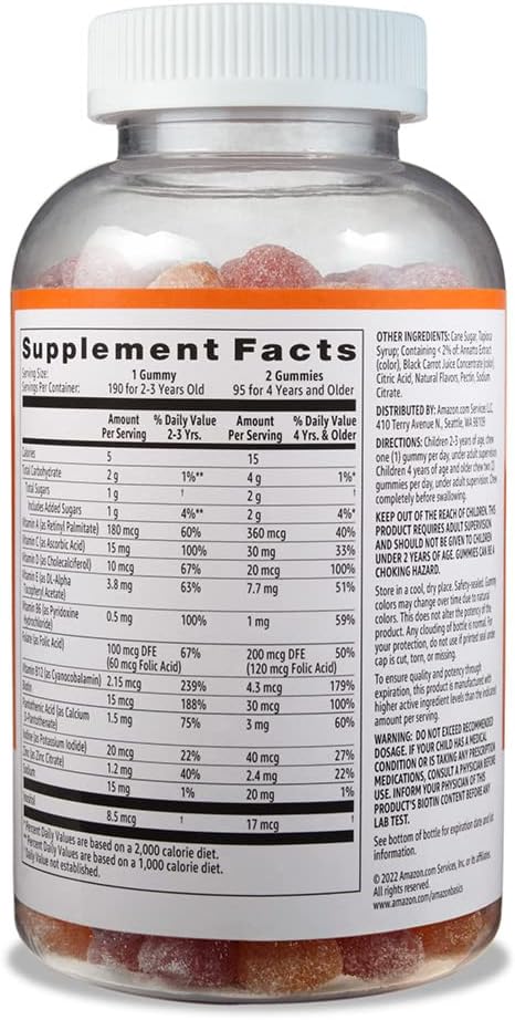 Amazon Basics Kids' Multivitamin Gummies, Orange, Cherry & Strawberry, 190 Count