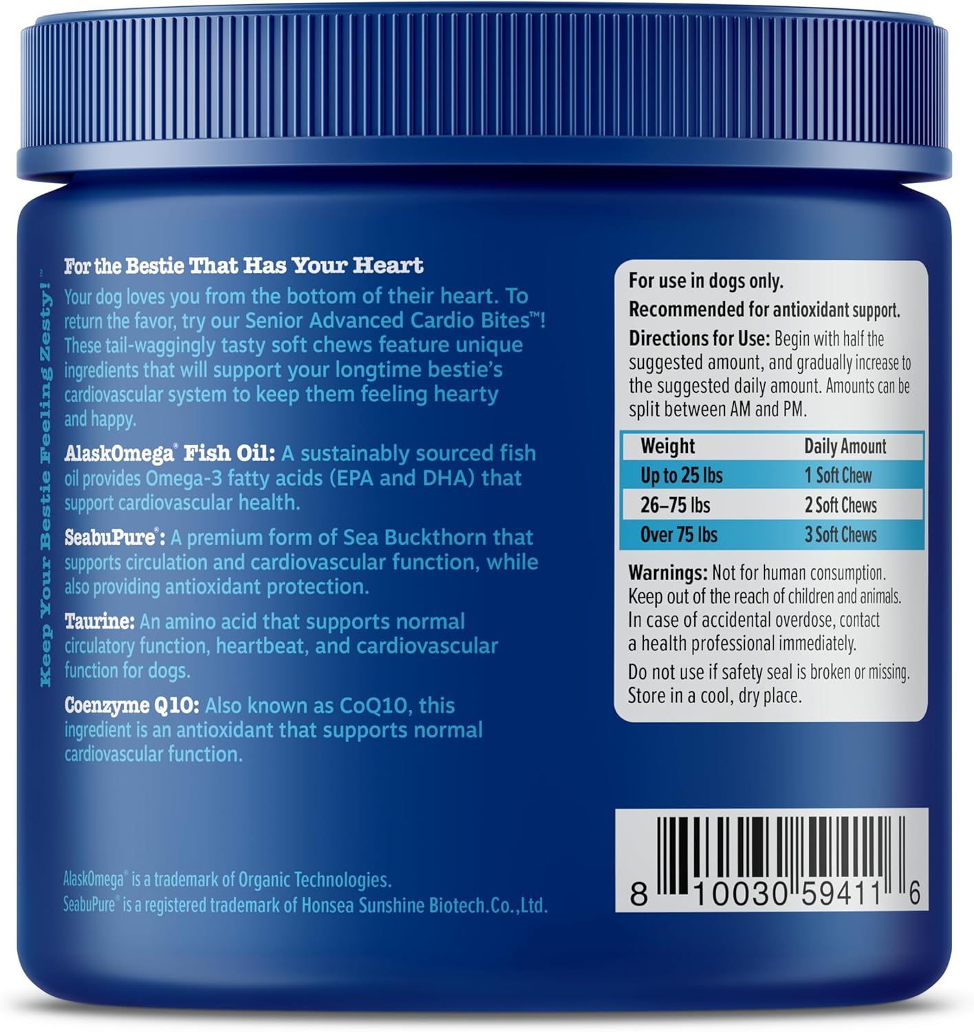 Zesty Paws Senior Advanced Cardio Bites for Dogs, Taurine w/CoQ10, L Carnitine, & Sea Buckthorn - 90ct, Salmon