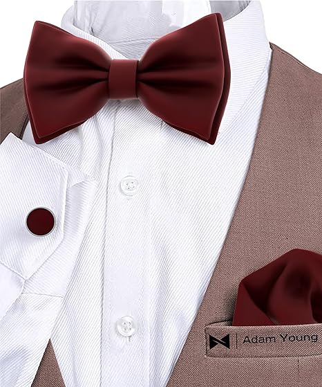 Adam Young Men's Self Tie Bow Tie w/Pocket Square & Cufflinks - Maroon Red Satin