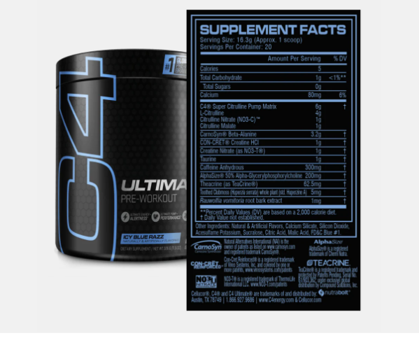 Cellucor C4 Ultimate Pre-Workout Powder - Icy Blue Razz, 11.29 Oz (20svgs)