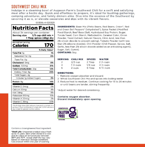 Augason Farms Dehydrated Southwest Chili Mix, 58oz / 34 Servings