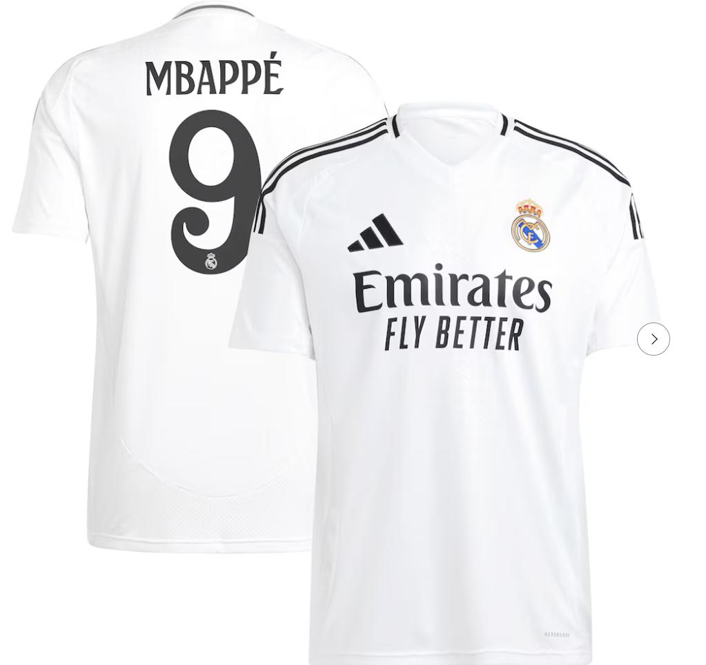 adidas Mbappe #9 Real Madrid 2024/25 Home Jersey, White, Size Large