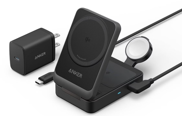 Anker MagGo 3-in-1 Charging Station, MagSafe-Compatible Wireless Foldable Stand - Black