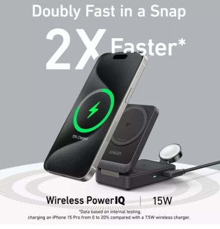 Anker MagGo 3-in-1 Charging Station, MagSafe-Compatible Wireless Foldable Stand - Black