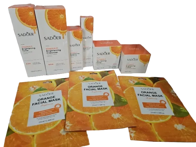 Sador 9-Piece Travel Size Vitamin C Skin Care Set w/Toner, Eye Cream, Facial Cleanser, Cream, Serum, Soap, Orange Masks, Hydrating Wash