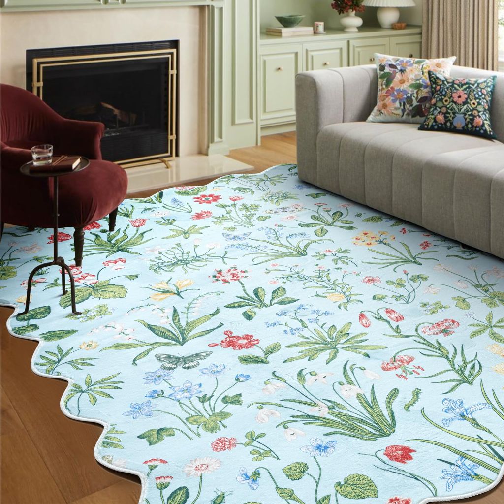 Lansatte Blue Floral Washable Rugs, 5x7 Area Rug
