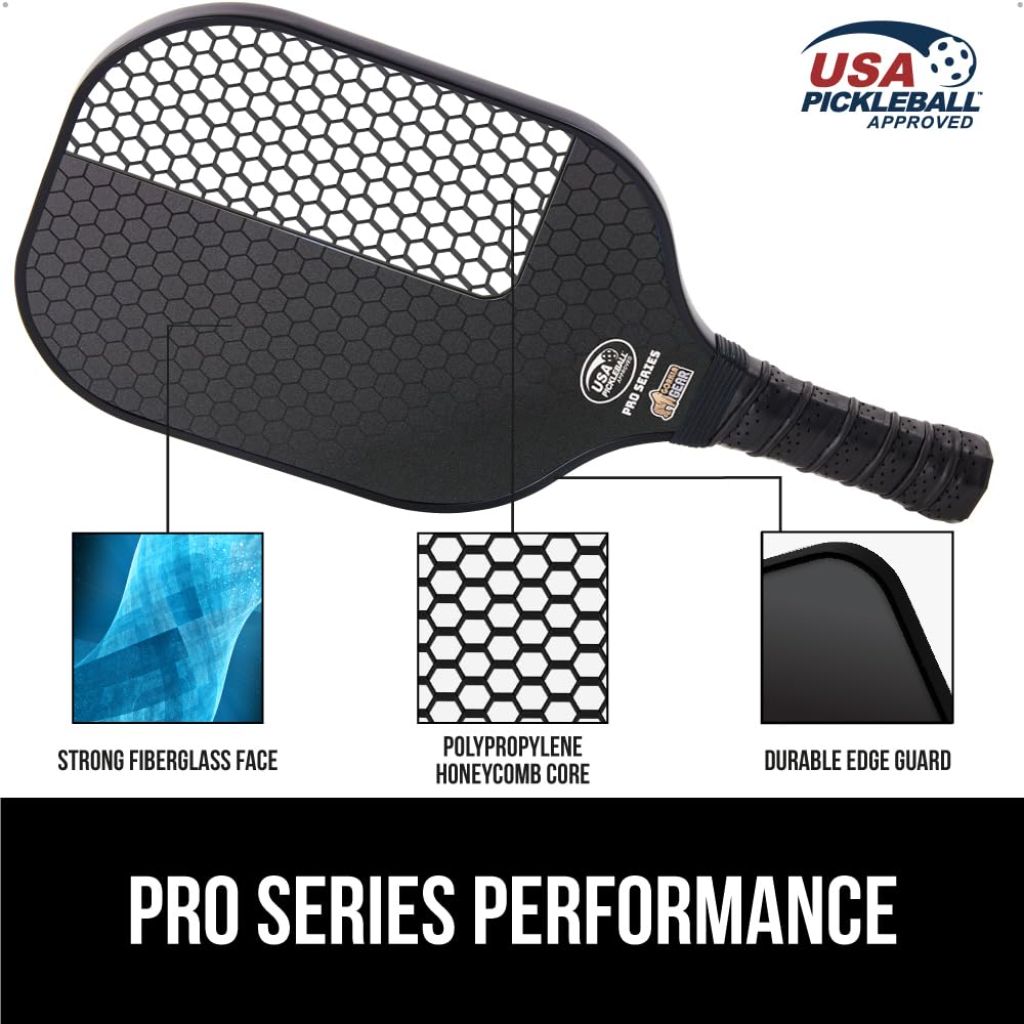 Gorilla Gear USAPA Approved Pickleball Paddles Set of 4, Indoor Fiberglass Shock Absorbent Racket with Comfortable Grip, Outdoor Pickle Ball Court Equipment, Sports Accessories Includes Bag, Black