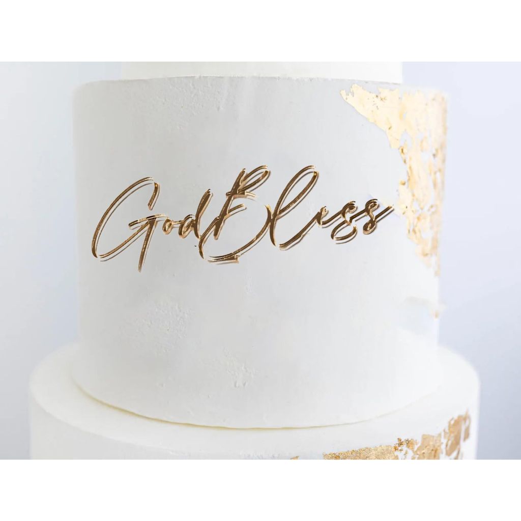 "God Bless" Acrylic Cake Applique - Gold, 5" x 2"