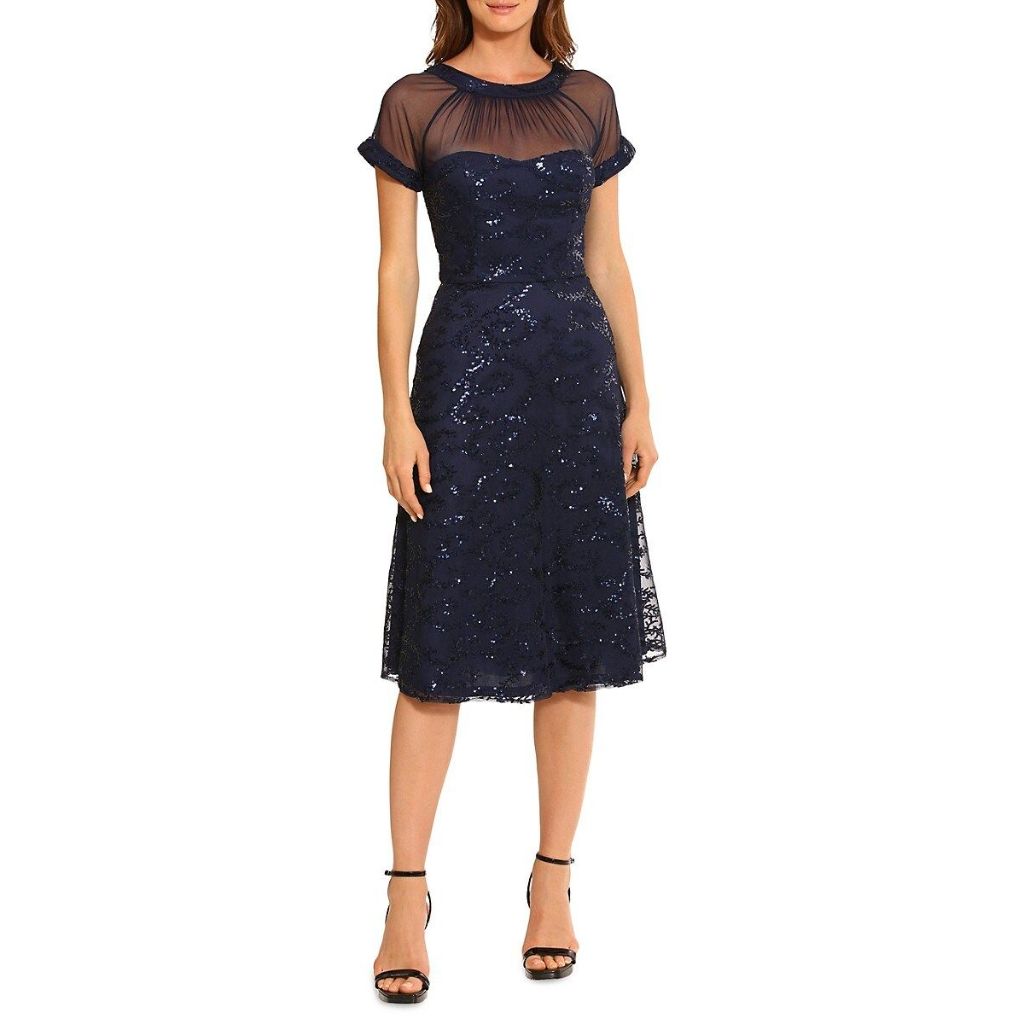 Sequin Sheer Yoke Cocktail Dress - NAVY BLUE - Size 8