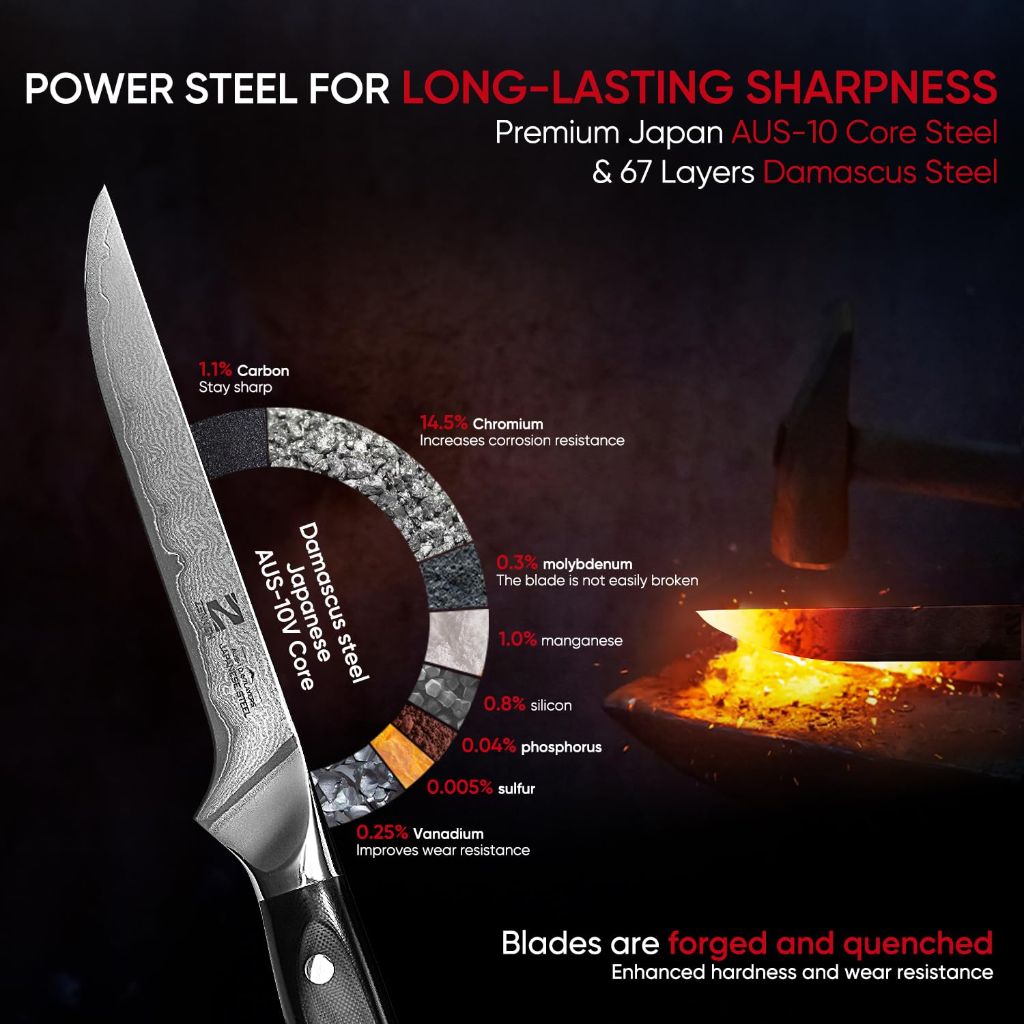 Zennish Boning Knife, 6 Inch,  AUS-10 Steel Core & 67-Layer Damascus Cladding, Full Tang G10 Handle