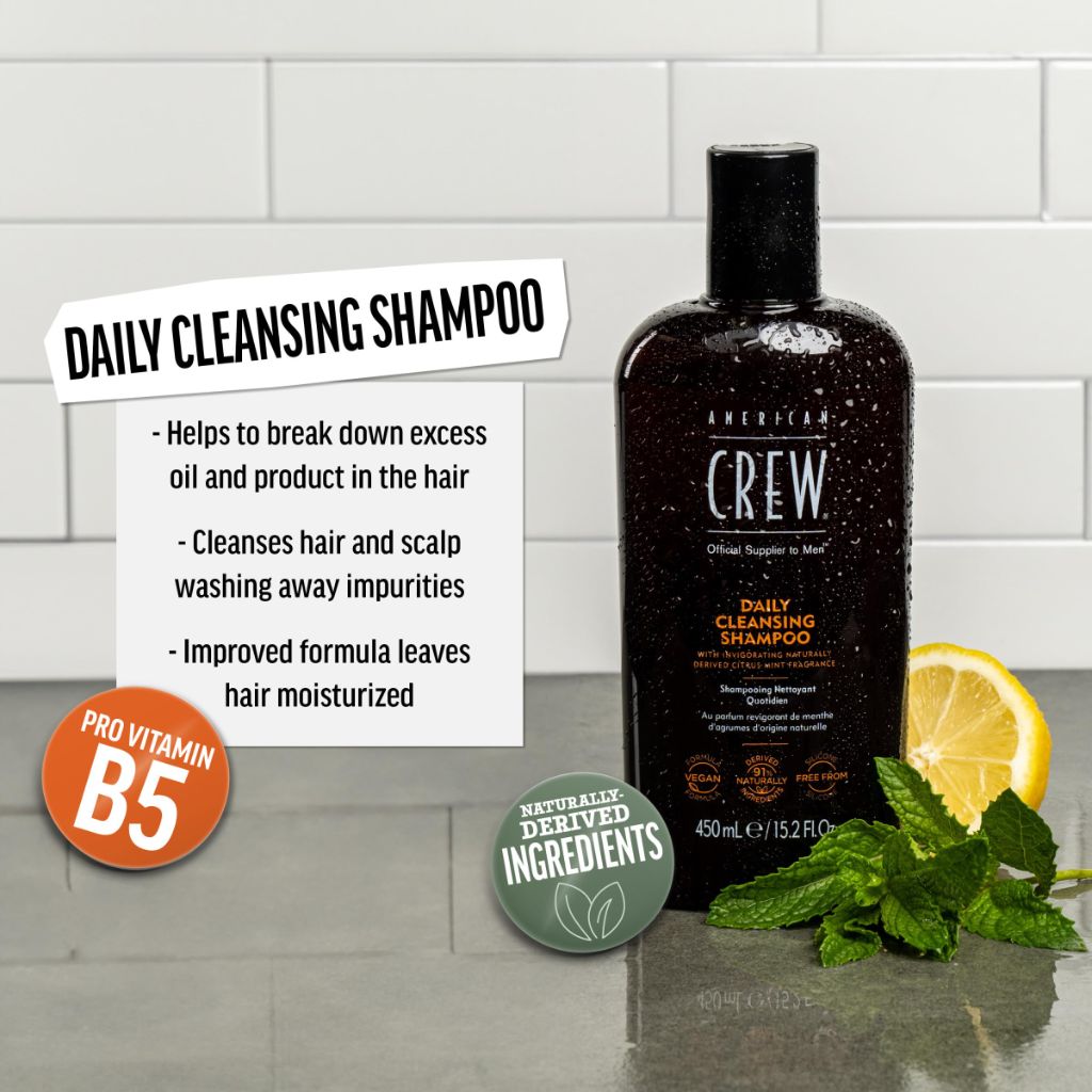 Shampoo for Men by American Crew, Daily Cleanser, Naturally Derived, Vegan Formula, Citrus Mint Fragrance, 15.2 Fl Oz