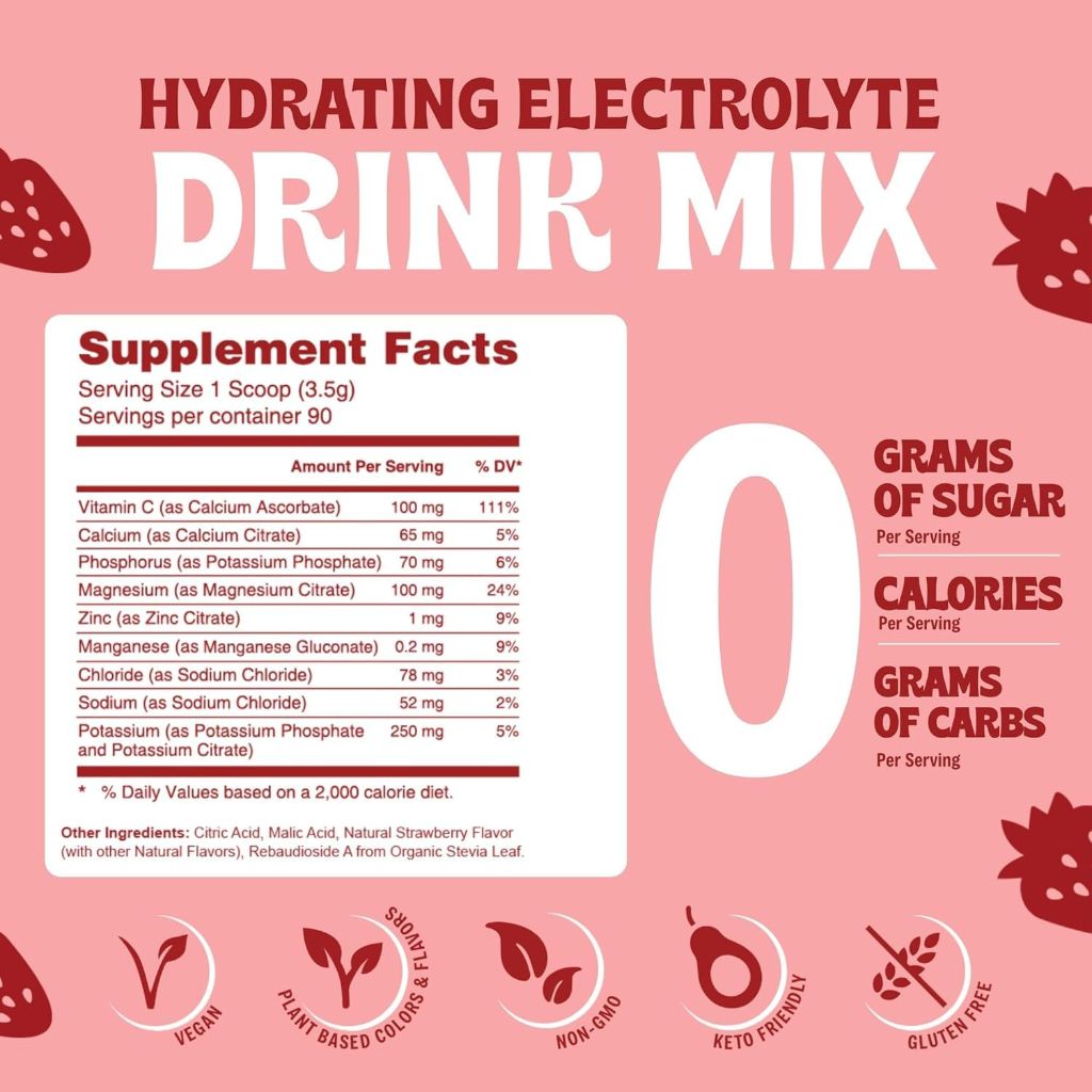 Vitalogix Naturals Electrolyte Powder – Zero Sugar Hydration Mix | 90 Servings | Strawberry Flavor