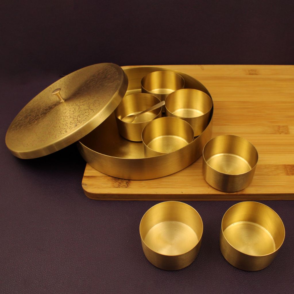 Spillbox Brass Spice Box Indian Set For Kitchen With Spoon|Brass Masala Box|Masala Dani|Masala Dabba & Spice Container Engraved design