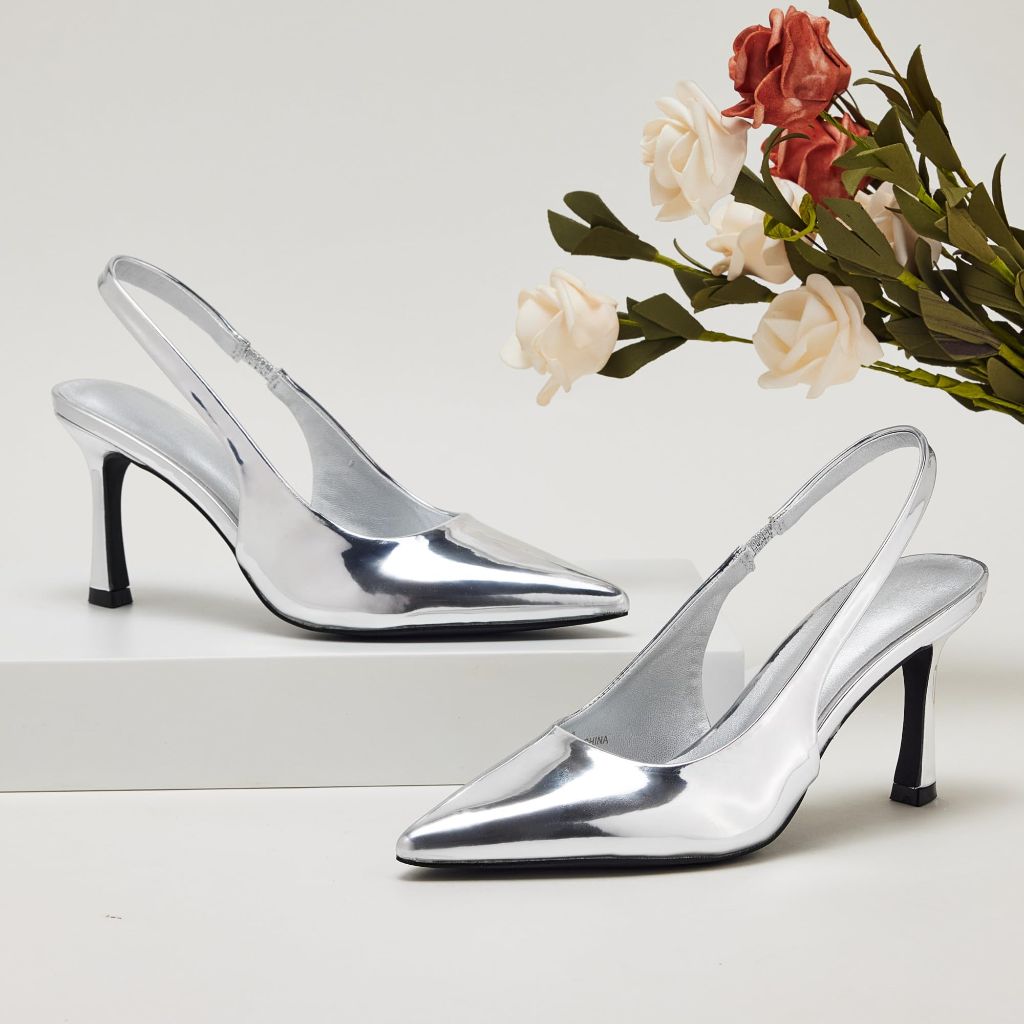 GENSHUO Women's Slingback Heels, Metallic Silver - size 9