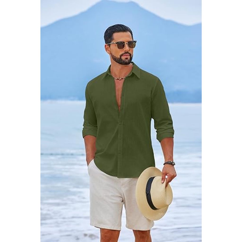 COOFANDY Men's Casual Button Down Long Sleeve Shirt, Army Green, Medium