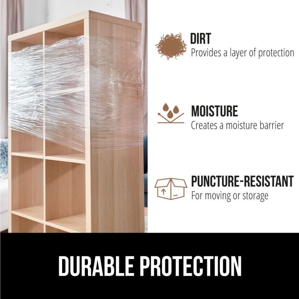 GORILLA GRIP 500% Stretch Film Heavy Duty Plastic, 2 Pack 1200ft Shrink Wrap Rolls 17" Puncture Resistant, Industrial Strength for Pallet Storing, Wrapping, Moving, Packing Furniture Protection Clear