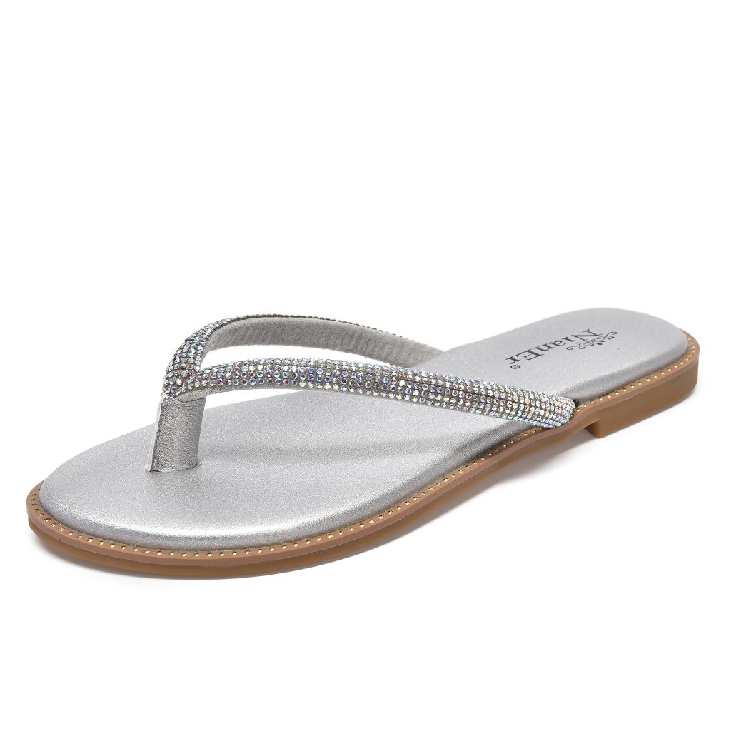 NianEr Women's Microfiber Leather Rhinestone Glitter Sparkle Flat Thong Sandals - Silver, Size 8