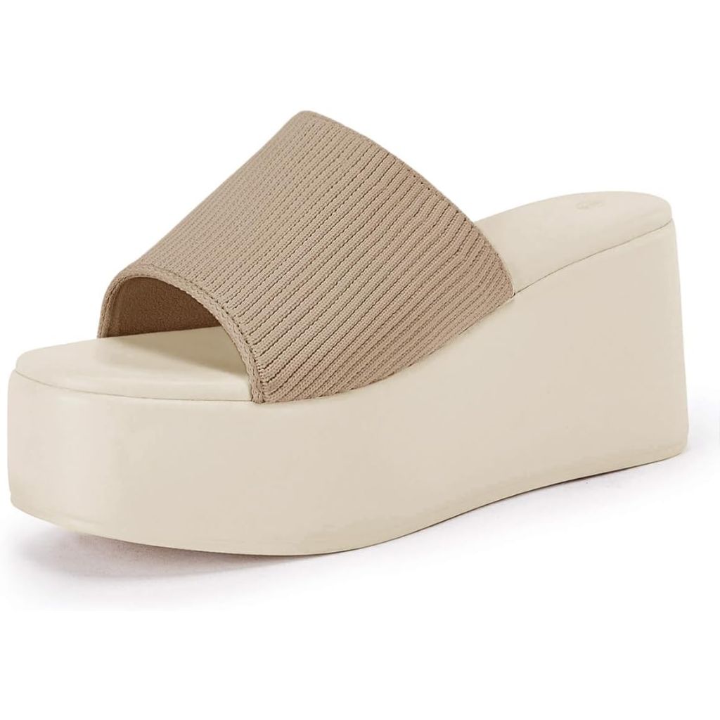 Coutgo Womens Platform Slides Sandals Square Open Toe Slip On Elastic Band Casual Lightweight Wedge Shoes