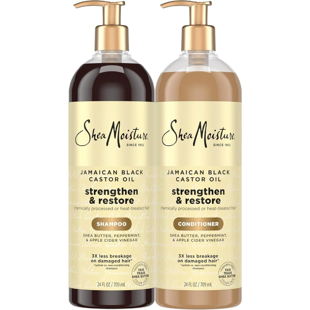 SheaMoisture Strengthen & Restore Shampoo and Conditioner Bundle Jamaican Black Castor Oil 2 Pack to Cleanse & Nourish Dry, Damaged Hair, 24 oz