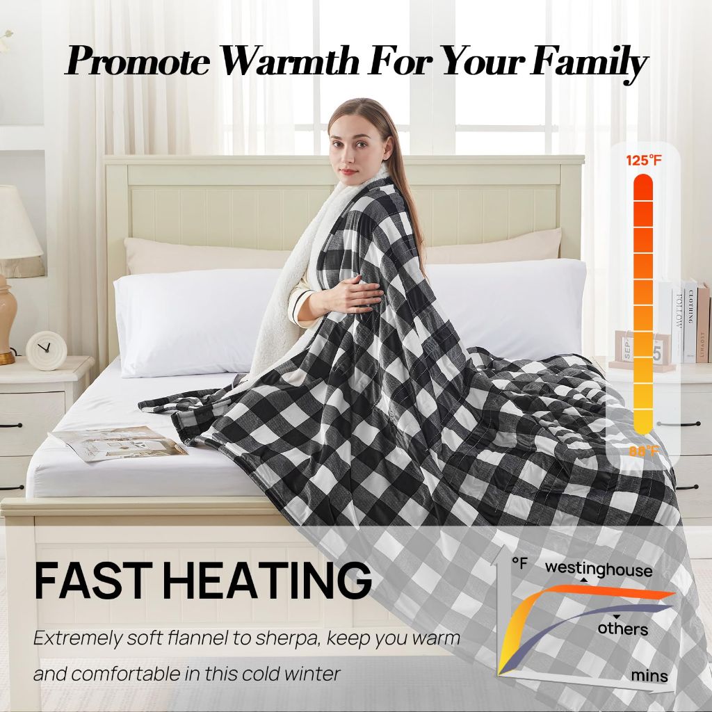 Westinghouse Electric Blanket Queen Size, 10 Heating Levels & 1 to 12 Hours Auto-Off, Machine Washable, Black