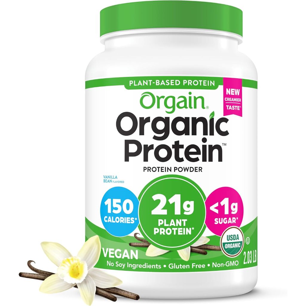 Orgain Organic Vegan Protein Powder, Vanilla Bean - 21g Plant Protein, 4g Prebiotic Fiber, No Lactose Ingredients, No Added Sugar, Non-GMO, For Shakes & Smoothies, 2.03 lb (Packaging May Vary)