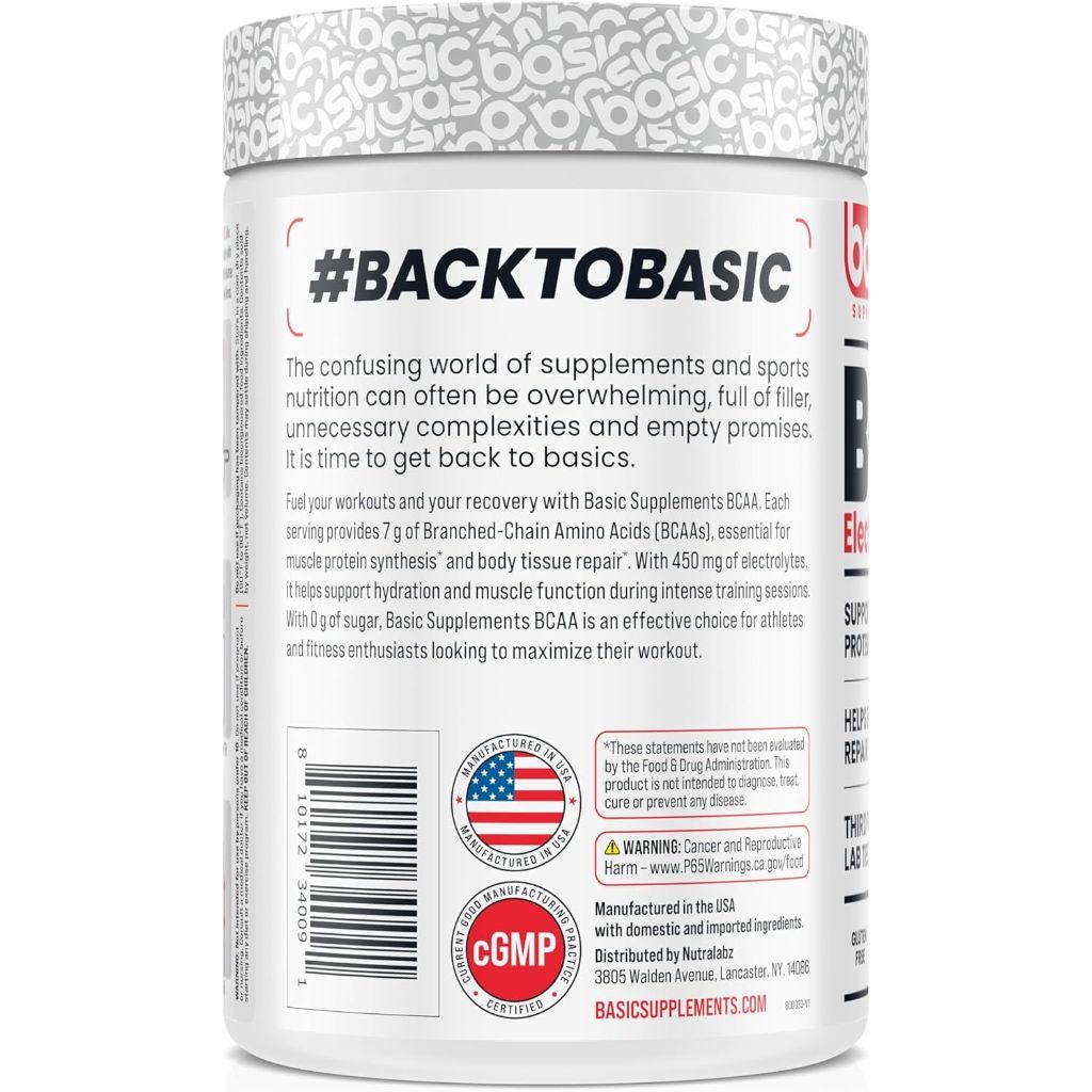 BCAA Powder, Instantized Formula with 7g BCAAs, 2:1:1 Ratio, 450mg of Electrolytes, Sugar-Free, Vegan, Gluten-Free, Supports Muscle Recovery