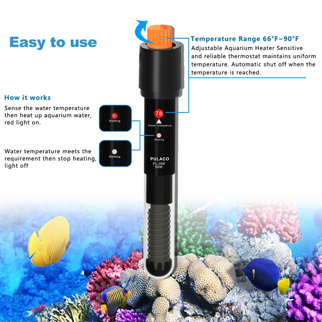PULACO 50Watt Aquarium Heater for 6-15 Gallon Fish Tank, Adjustable Submersible Heater Thermostat with Thermometer Strip and Suction Cup
