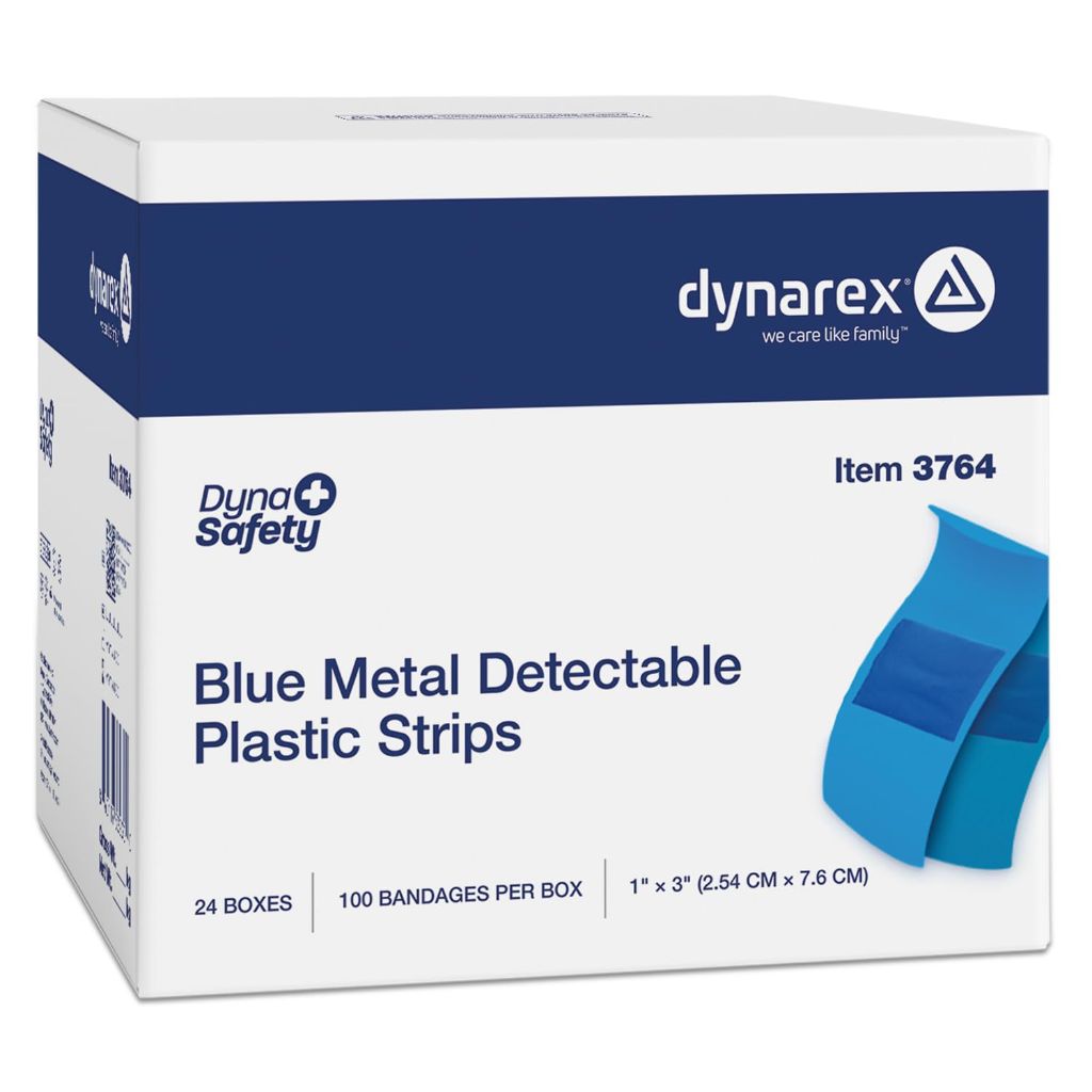 Dynarex Blue Metal Detectable Plastic Bandages, 1" x 3" Adhesive Bandages with Internal Foil Strip  Blue, Box of 60