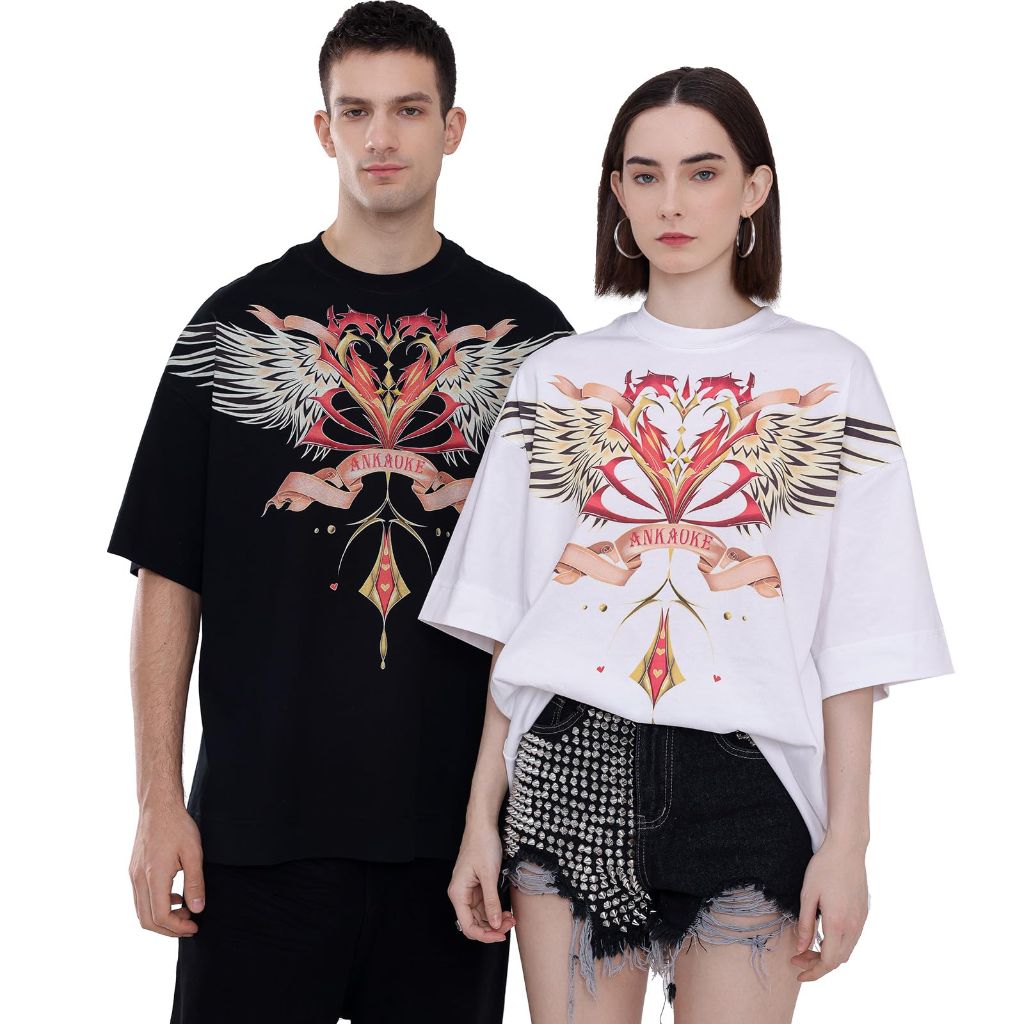 Unisex Oversized Love Wing Half Sleeves Casual Loose Graphic Tee - Black, Medium