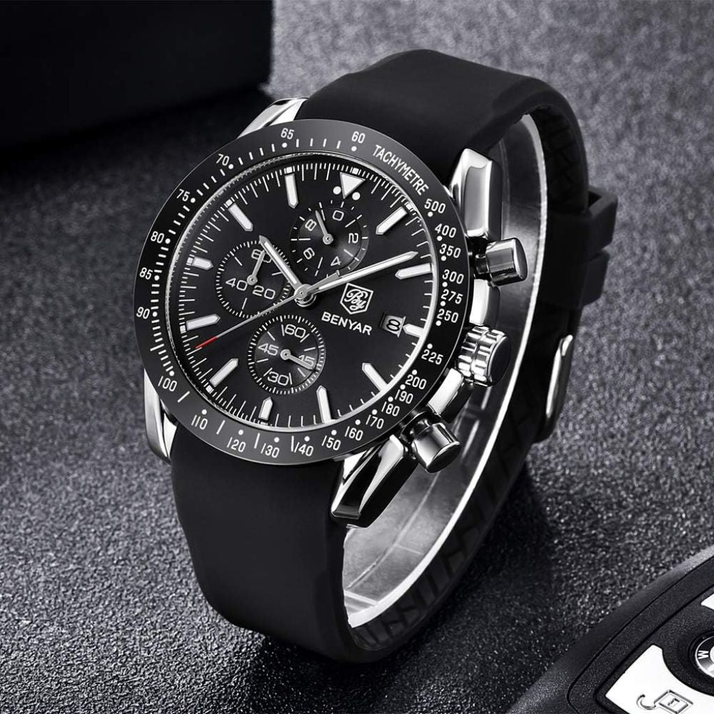 BENYAR Men's Watches Quartz Movement Chronograph Leather Strap