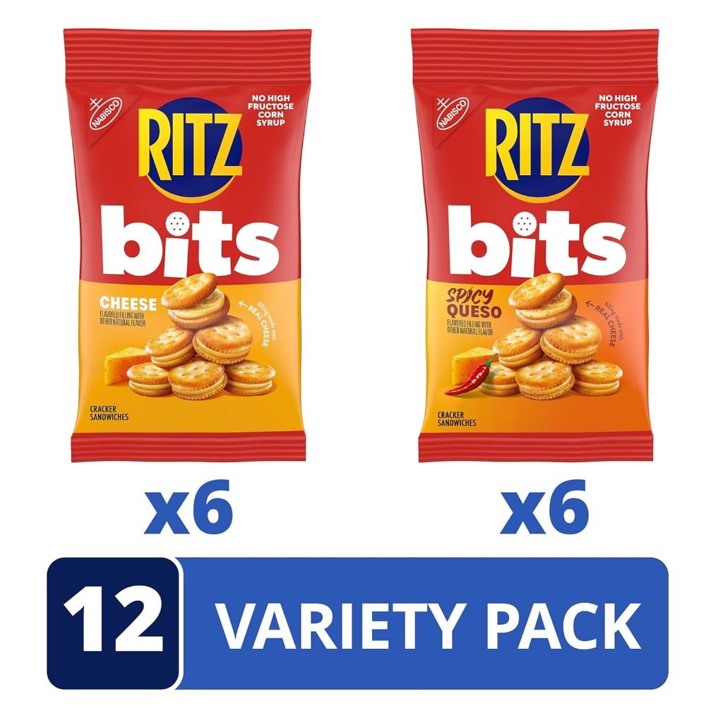 RITZ Bits Cheese and Spicy Queso Cheese Sandwich Crackers Variety Pack, Snacks for Kids and Adults, Lunch Snacks, 12-3 oz Bags