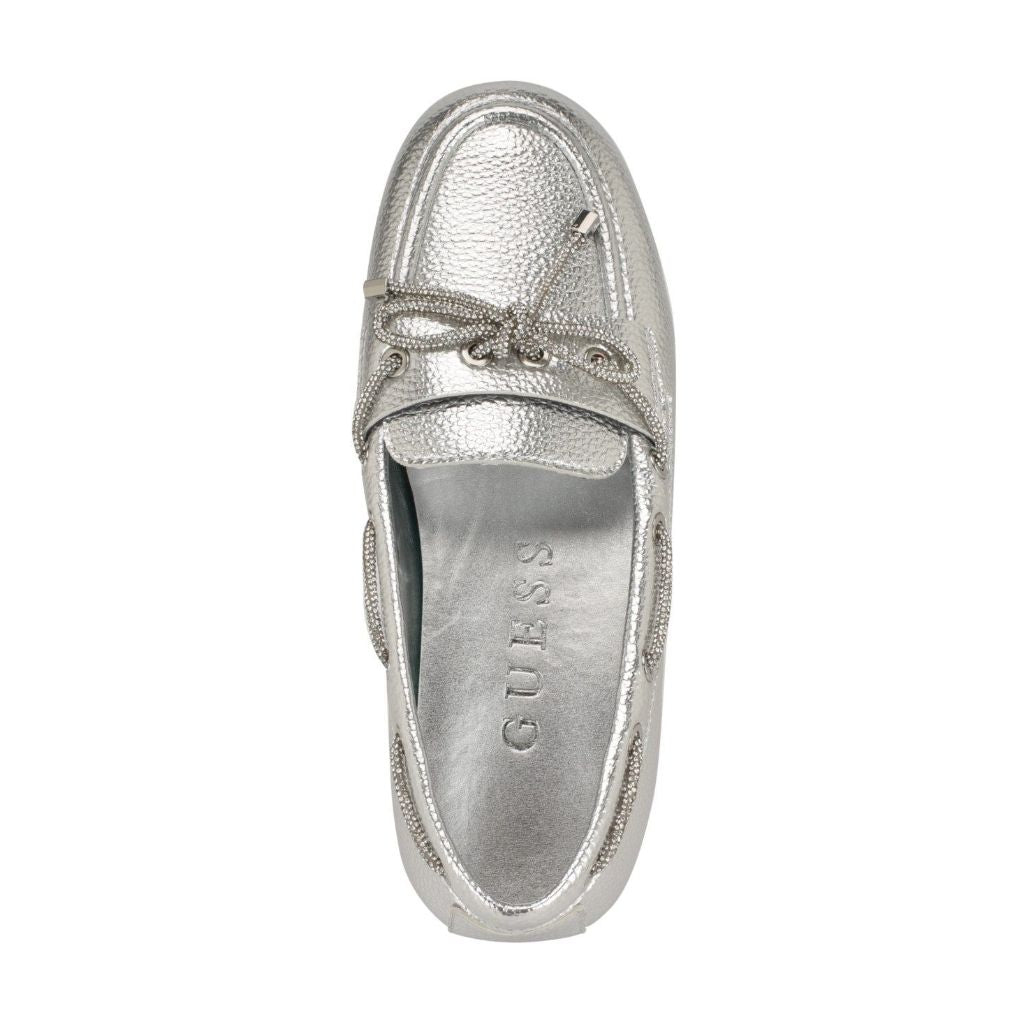 Guess Women's Lavonta Rhinestone Lace Tailored Boat Shoes - Silver Metallic6.5