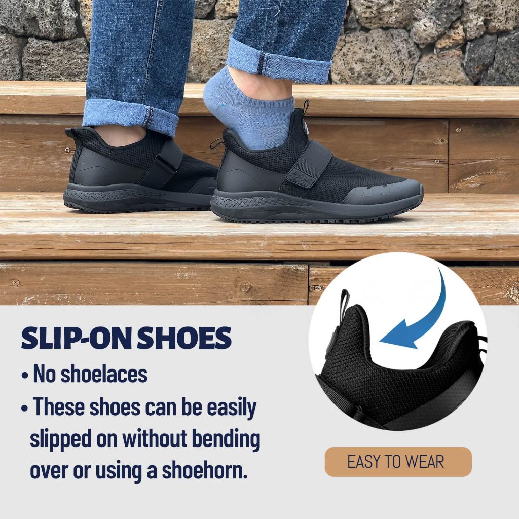 Delobi Men's Non-Slip Work Shoes - Slip Resistant Lightweight Sneakers for Restaurant, Kitchen, Hospital, Black, Size 9.5 Wide